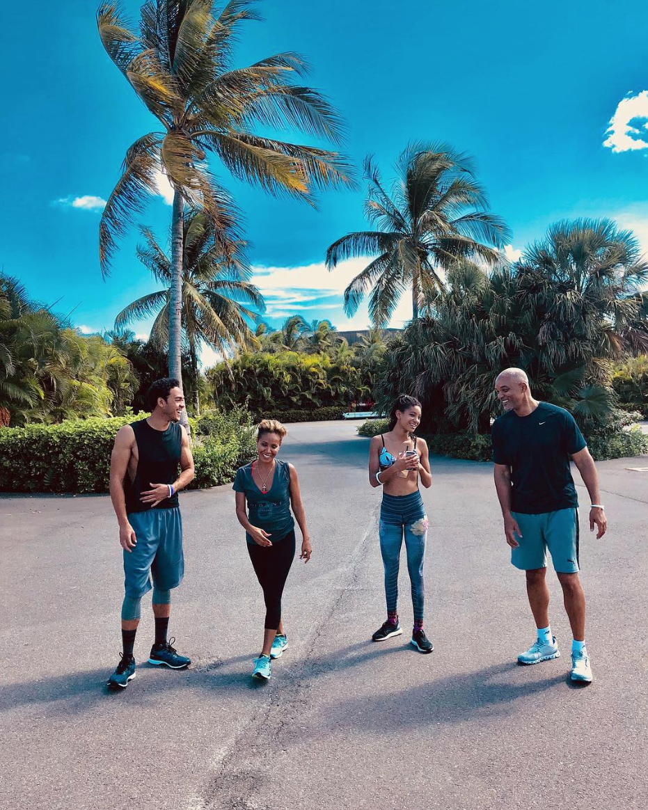 L to R: Trey, Jada, Willow and Will working out in the huge grounds of their Calabasas estate. Image: Instagram/@WillSmith